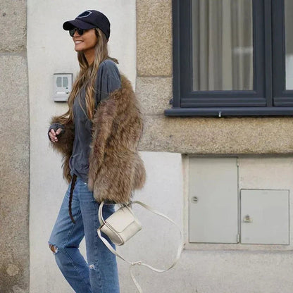 Enid | Brown Fluffy Cropped Faux Fur Jacket