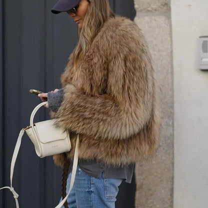 Enid | Brown Fluffy Cropped Faux Fur Jacket