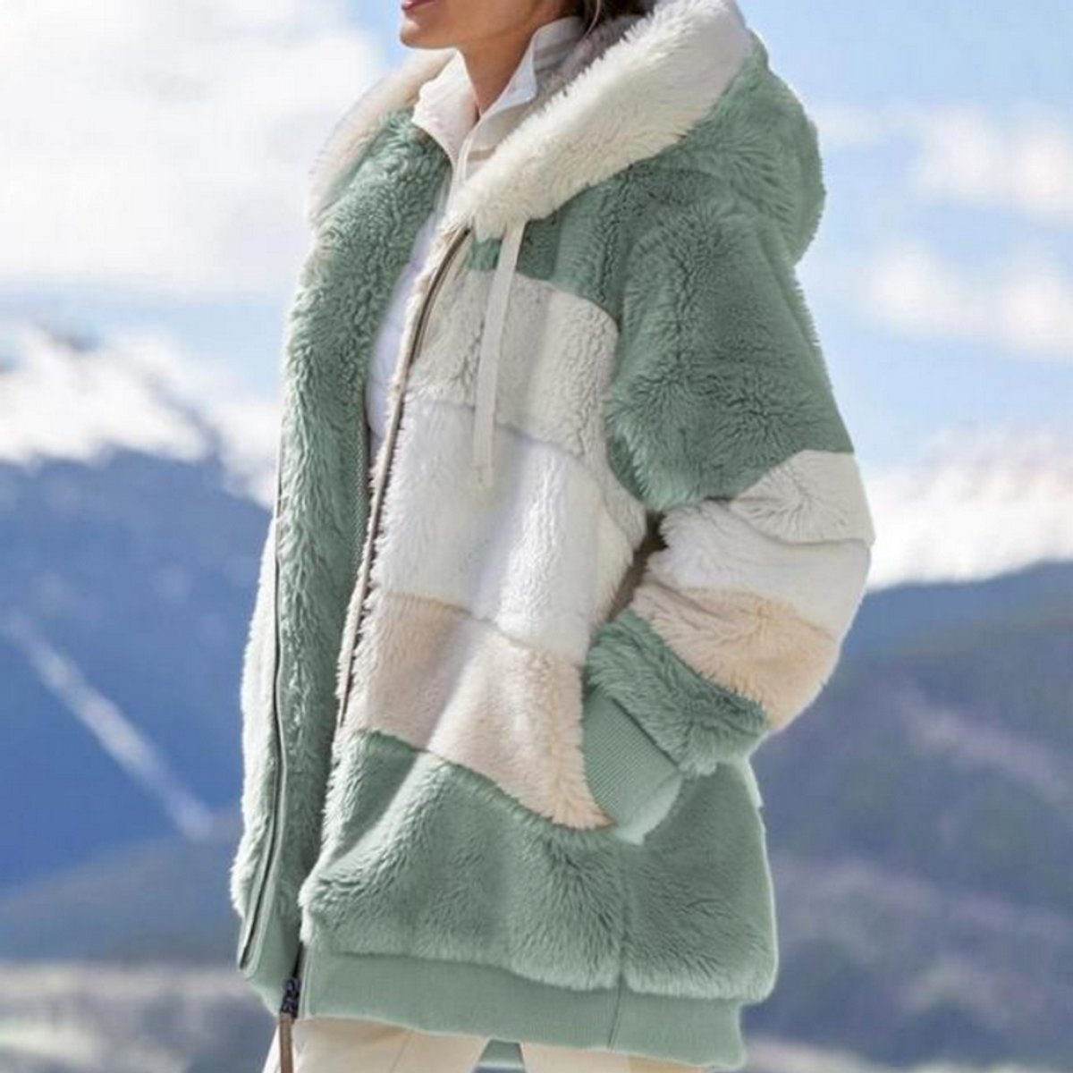 Fenella | Hooded Colour-Block Faux Fur Coat