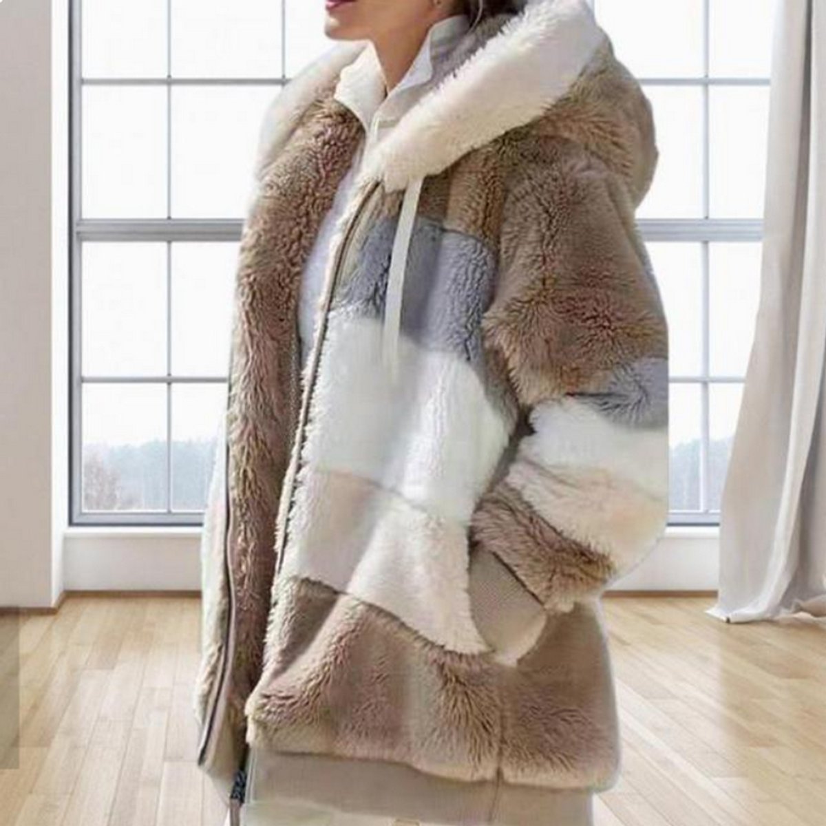 Fenella | Hooded Colour-Block Faux Fur Coat