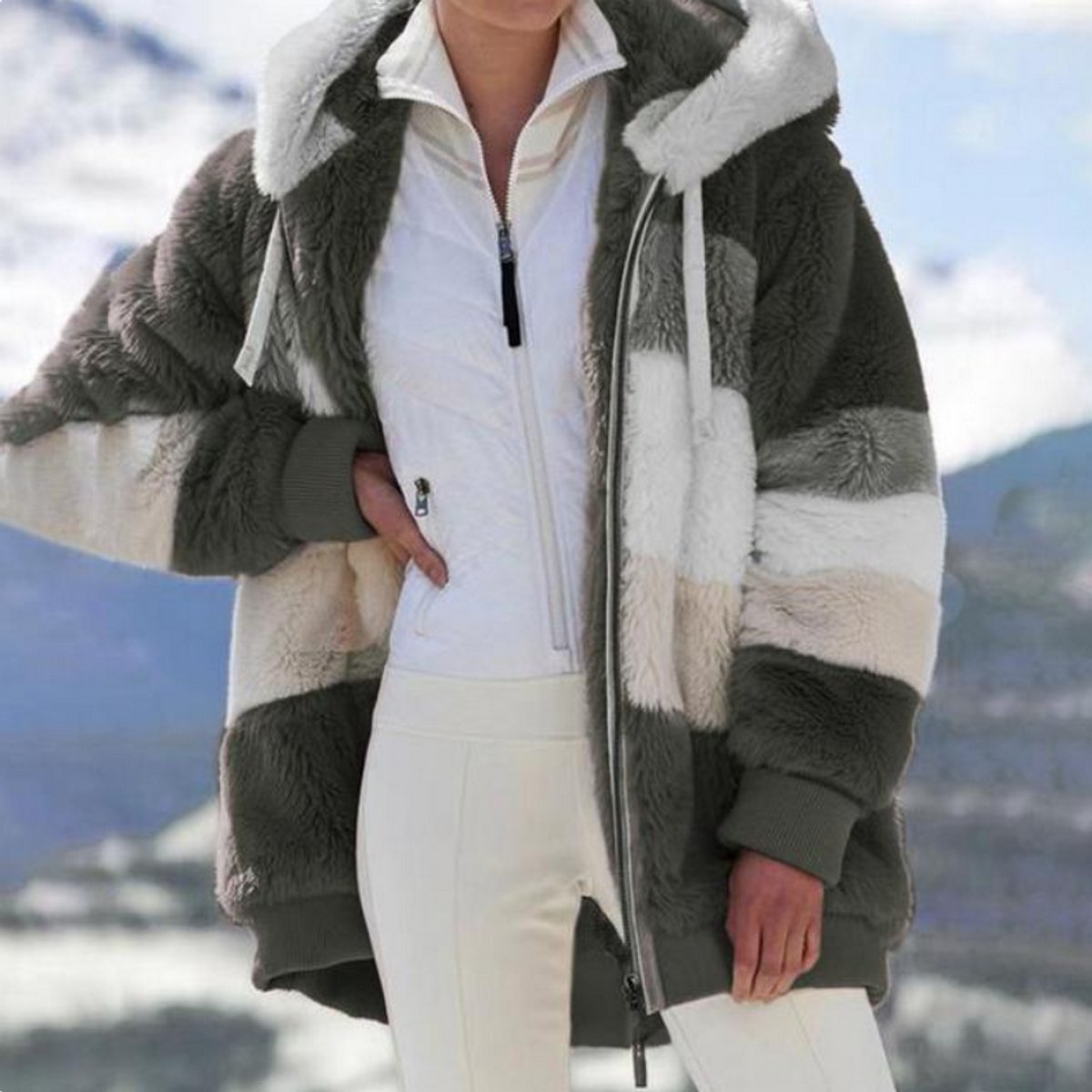 Fenella | Hooded Colour-Block Faux Fur Coat