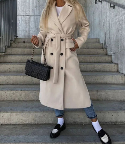 Sylvie | Long Wool Blend Lapel Coat with Double Button Front