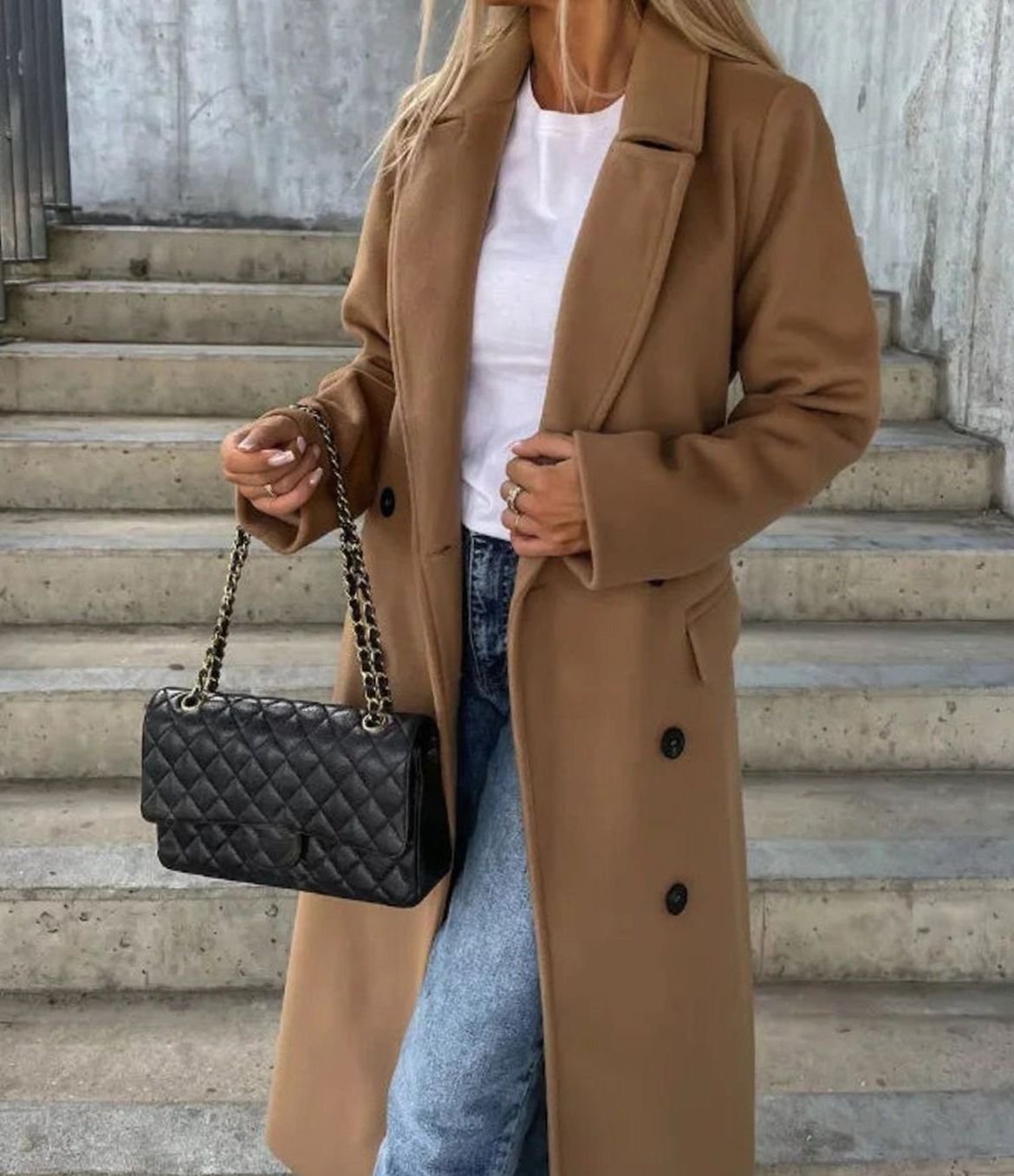 Sylvie | Long Wool Blend Lapel Coat with Double Button Front