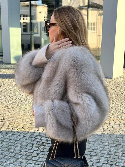 Belinda | Apricot Fluffy Faux Fur Bomber Jacket
