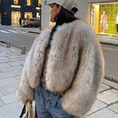 Belinda | Apricot Fluffy Faux Fur Bomber Jacket