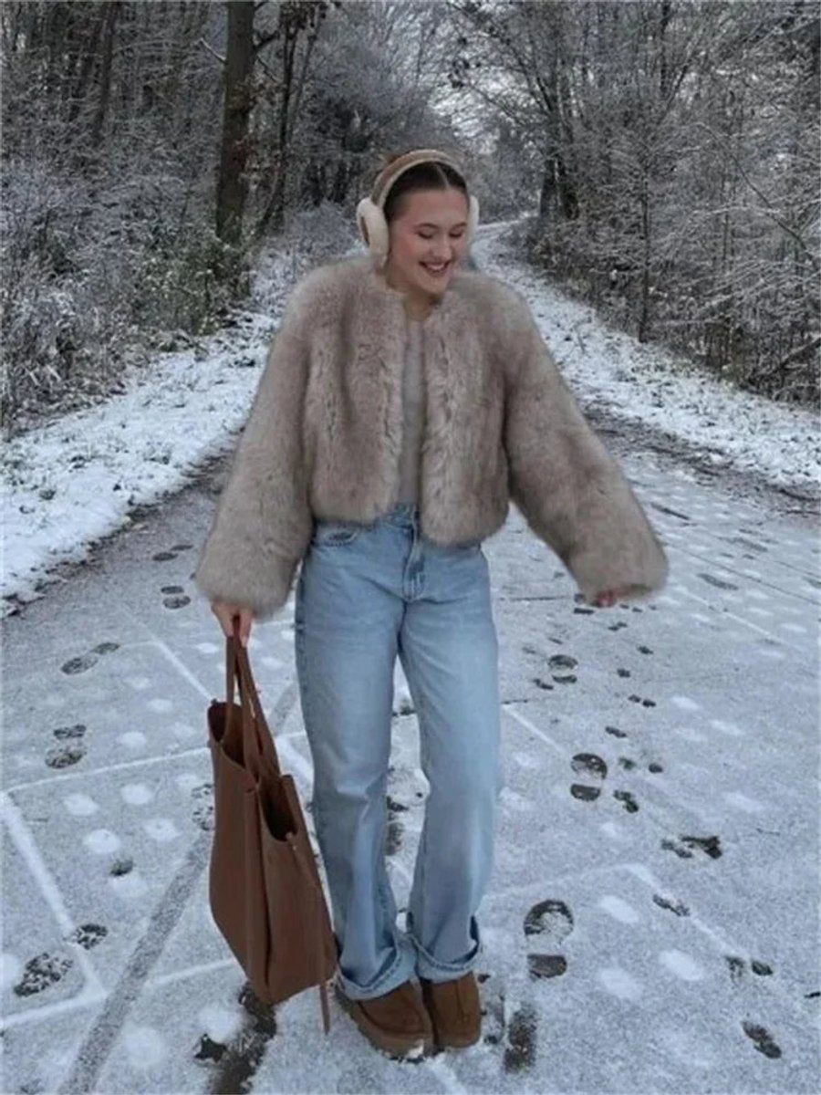 Belinda | Apricot Fluffy Faux Fur Bomber Jacket