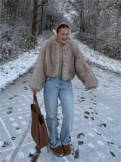Belinda | Apricot Fluffy Faux Fur Bomber Jacket