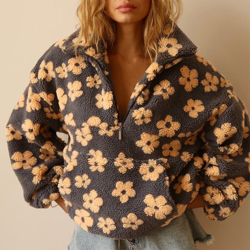 Leonora | Oversized Floral Teddy Fleece Half-Zip Jumper