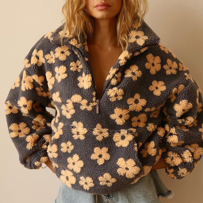 Leonora | Oversized Floral Teddy Fleece Half-Zip Jumper