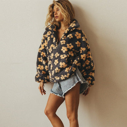 Leonora | Oversized Floral Teddy Fleece Half-Zip Jumper