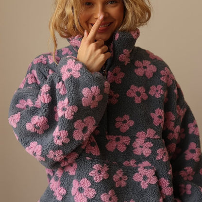 Leonora | Oversized Floral Teddy Fleece Half-Zip Jumper