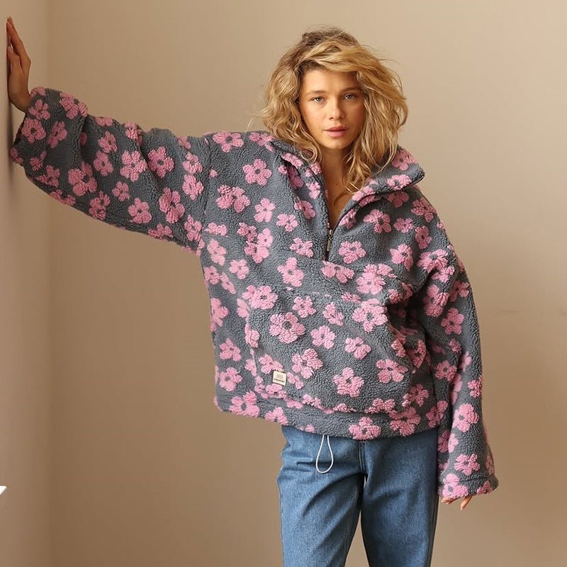 Leonora | Oversized Floral Teddy Fleece Half-Zip Jumper