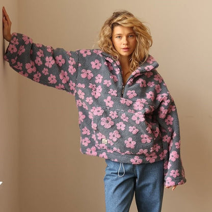 Leonora | Oversized Floral Teddy Fleece Half-Zip Jumper