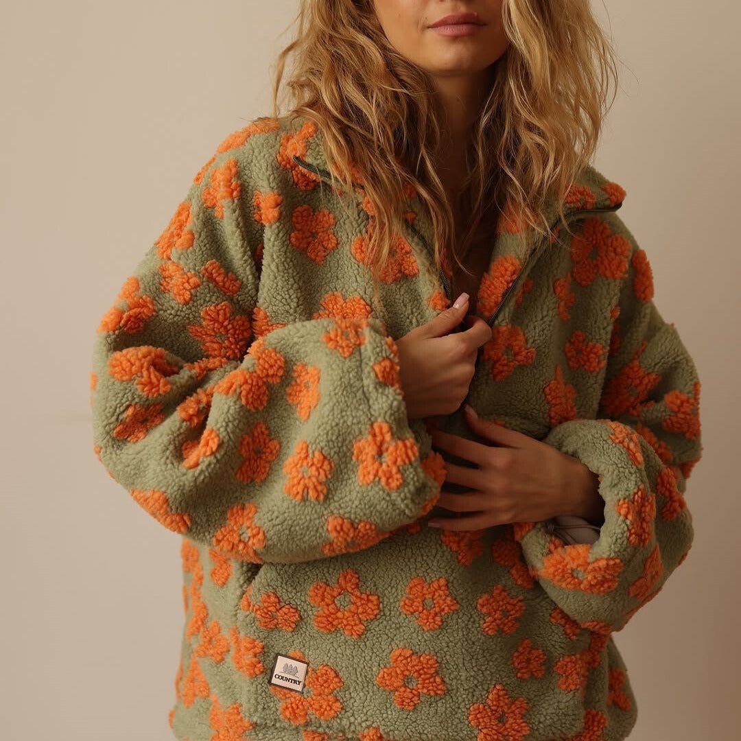 Leonora | Oversized Floral Teddy Fleece Half-Zip Jumper
