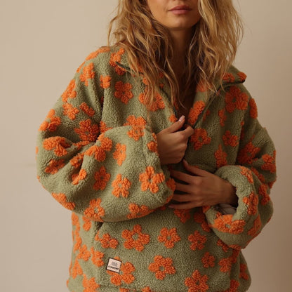 Leonora | Oversized Floral Teddy Fleece Half-Zip Jumper