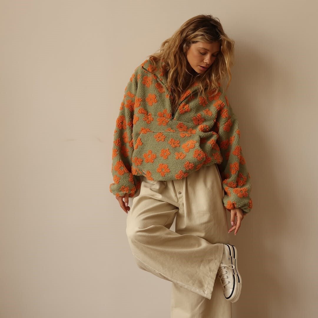 Leonora | Oversized Floral Teddy Fleece Half-Zip Jumper