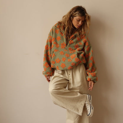 Leonora | Oversized Floral Teddy Fleece Half-Zip Jumper